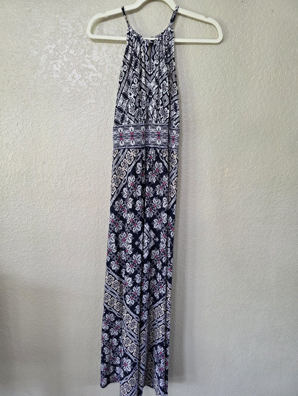 London Times Navy, White and Pink Printed Maxi Dress